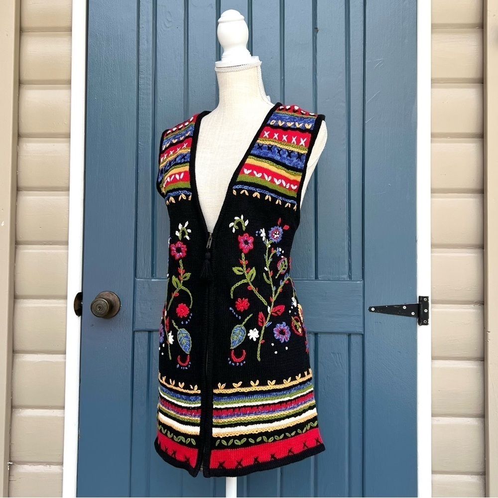 White Stag Woman Black Knit Vest with Multicolor Floral Embroidery, 14W/…